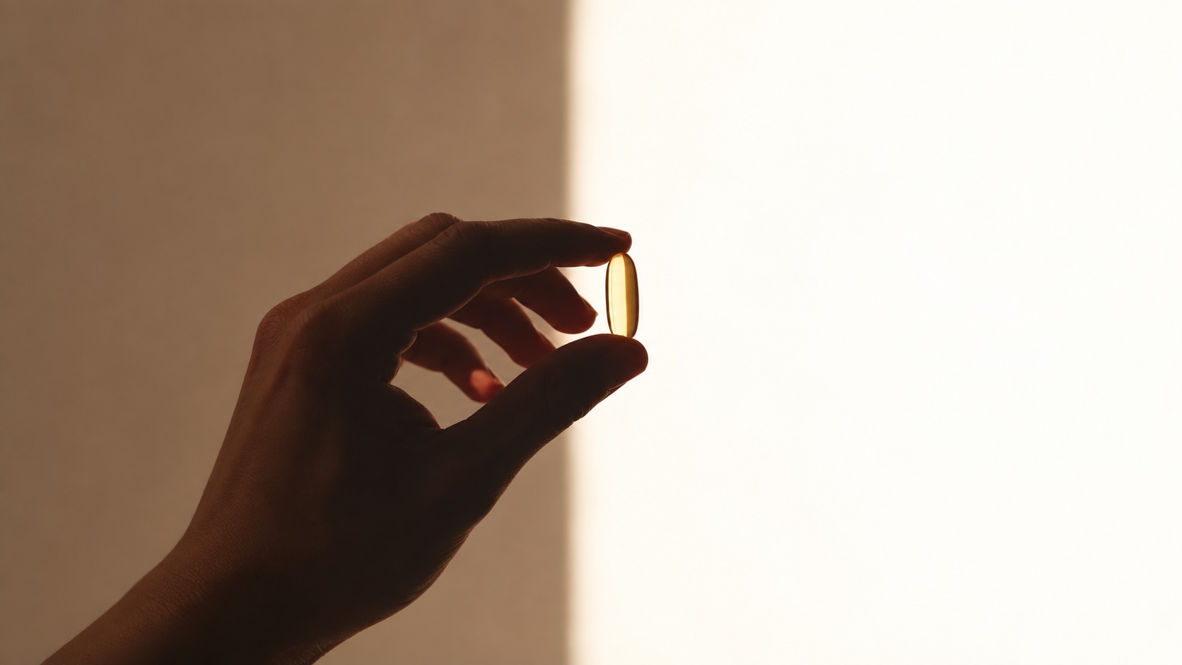 A hand holding a single capsule up to the light