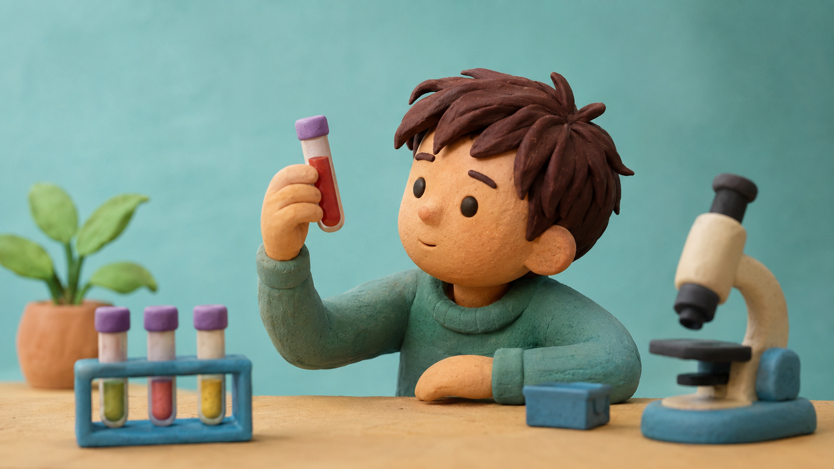 Clay-style child examining a blood sample beside laboratory tubes and a microscope